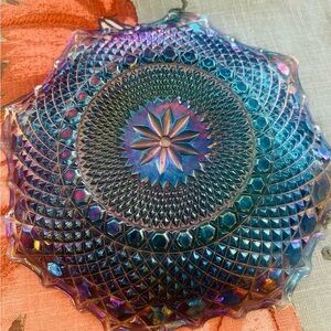 Vintage Indiana Glass Iridescent Blue Carnival Diamond Point Ruffled Bowl